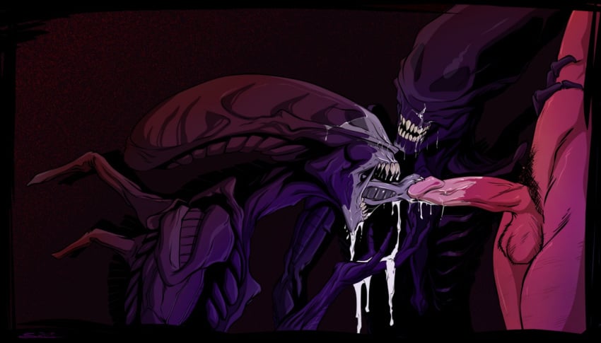 alien alien_(franchise) color cum cum_in_mouth cumshot fellatio male_xenomorph oral oral_sex ssn_inc xenomorph yaoi