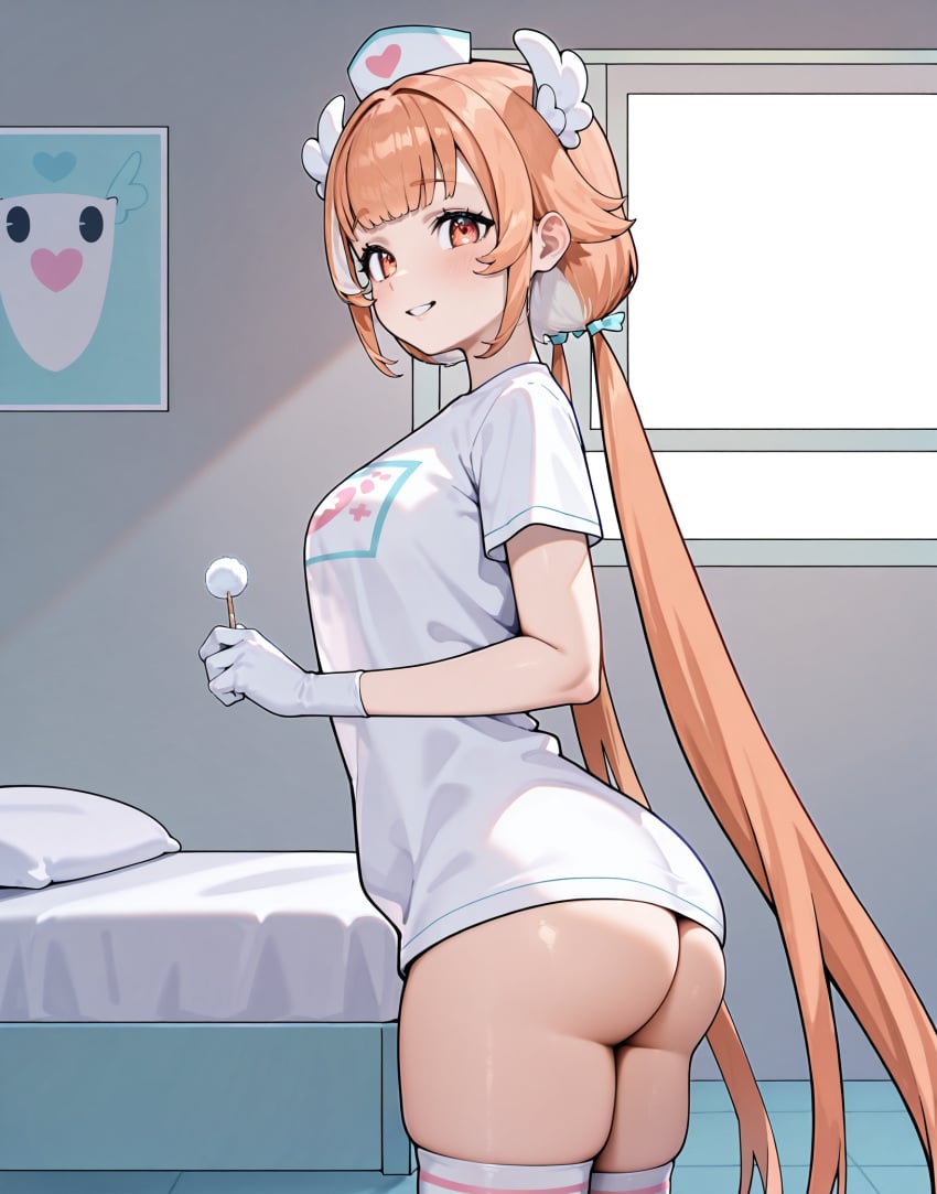 ai_generated ass feathered_wings heart-shaped_pupils indie_virtual_youtuber latex_gloves long_hair mimikaki nurse_cap pillowdear pink_eyes pink_hair t-shirt t_shirt thighhighs two_tone_hair virtual_youtuber vtuber white_gloves wings wings_on_head