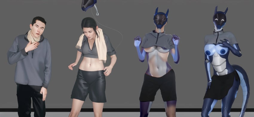 3_fingers anthro big_breasts black_hair blue_body blue_skin clothing gender_transformation mtf_transformation nipples reptile robot robot_girl scales scalie sequence surelysv synth synth_(vader-san) tail tanned_skin thick_thighs thin wide_hips