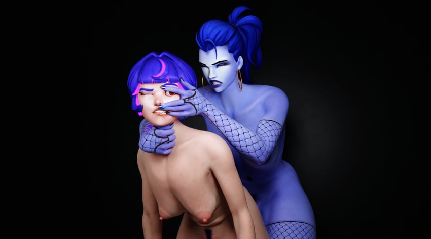 3d ass blue_hair breasts creamyeclair fishnet_armwear fishnet_legwear fishnet_stockings fishnets futa_on_female futanari jewelry juno_(overwatch) nyl_widowmaker overwatch overwatch_2 purple_hair purple_skin pussy rough_sex sex widowmaker