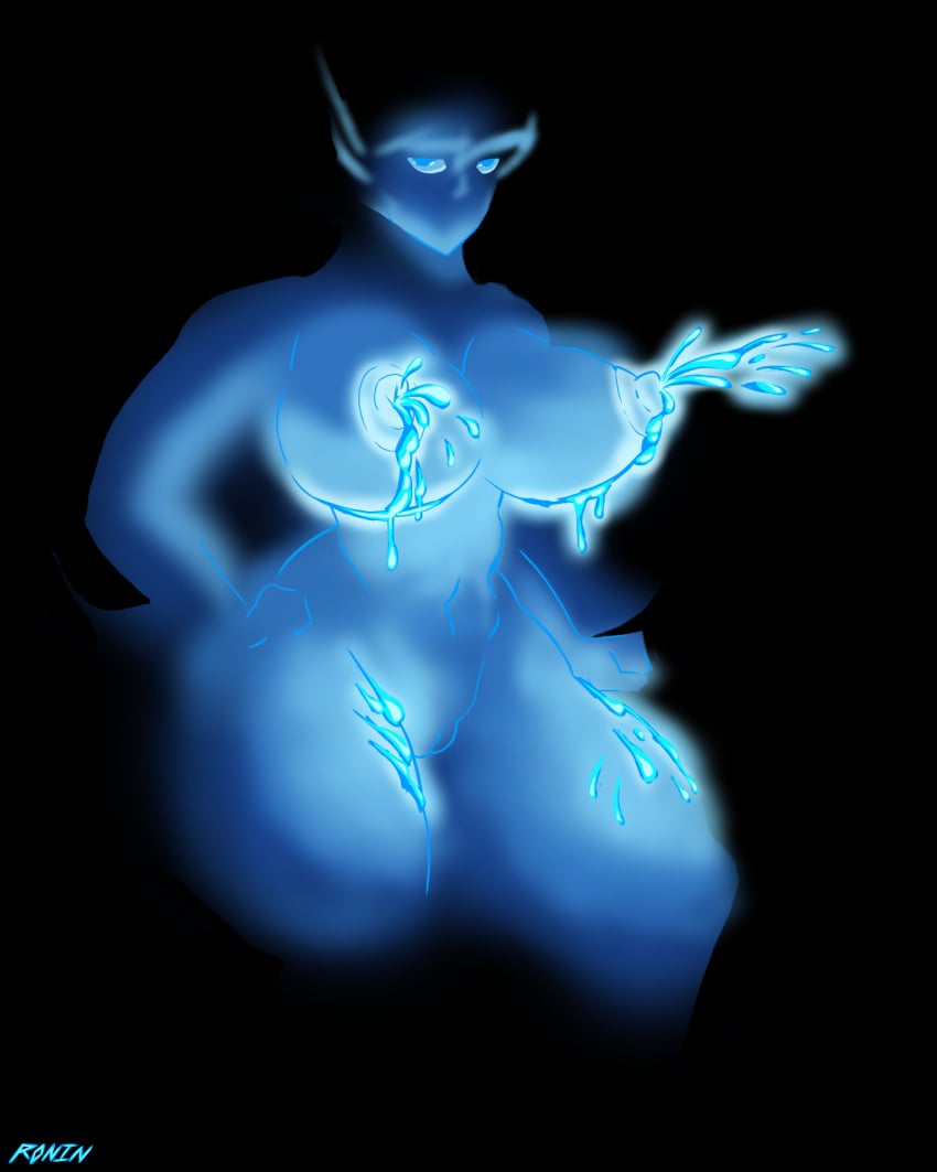 black_background breasts elf elf_ears elf_female elf_girl female female female_only glow_in_the_dark glowing_eyes glowing_nipples lactating lactation milk standing woman_only