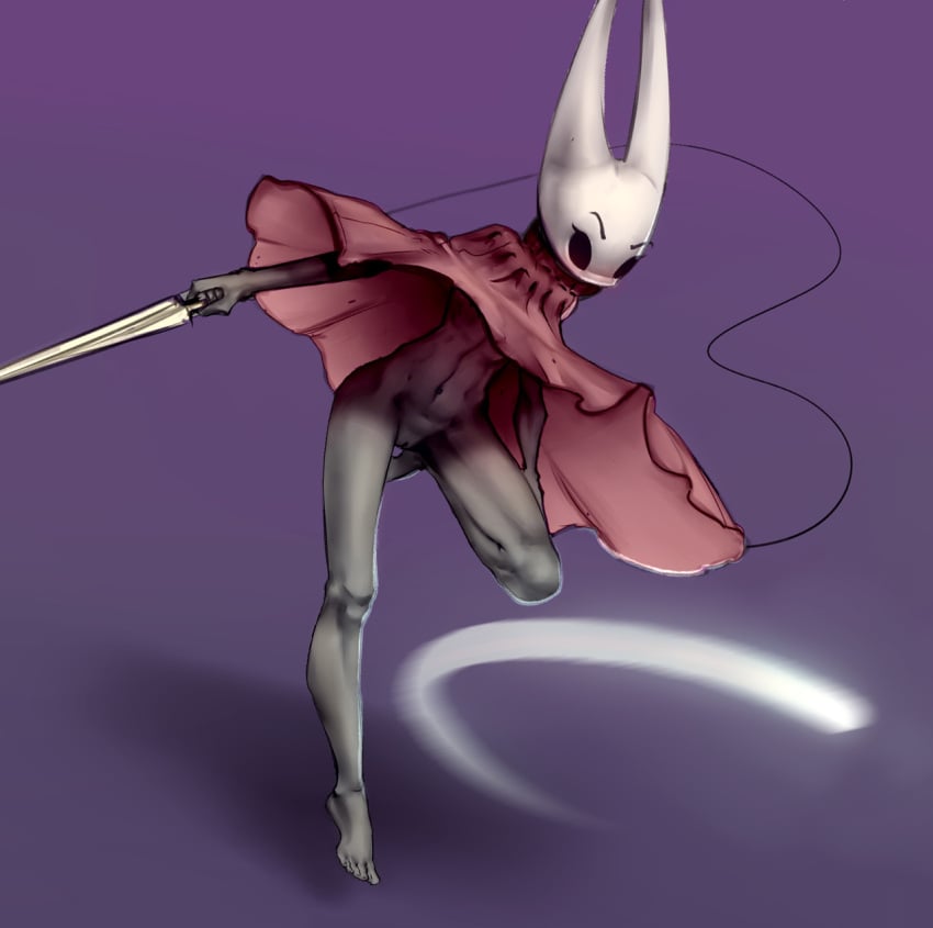 2010s 2017 anthropod black_body cloak cloak_only combat digital_media_(artwork) feet female functionally_nude hollow_knight hornet_(hollow_knight) insect_female insect_humanoid insects jearz one_leg_up solo sword tagme vagina