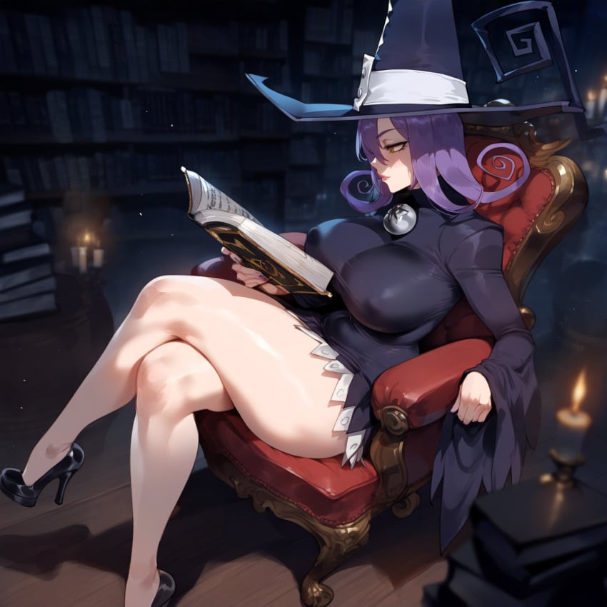 1girls ai_generated armchair bangs bare_legs black_dress black_footwear blair_(soul_eater) blurry book book_stack bookshelf breasts candle chair closed_mouth clothing crossed_legs cup curly_hair curvaceous curvaceous_female curvaceous_figure curvy curvy_figure dress female female female_focus female_only flipped_hair footwear full_body hair_between_eyes hat headwear high_heels holding holding_book holding_object huge_breasts impossible_clothes impossible_dress indoors inviting inviting_to_sex large_breasts legs lips long_hair long_sleeves looking_at_viewer miyuai on_chair open_book presenting presenting_ass presenting_hindquarters purple_hair reading seductive shoes short_hair sitting smile solo soul_eater taut_clothes taut_dress thick_thighs thighs tight voluptuous voluptuous_female window witch witch_hat yellow_eyes