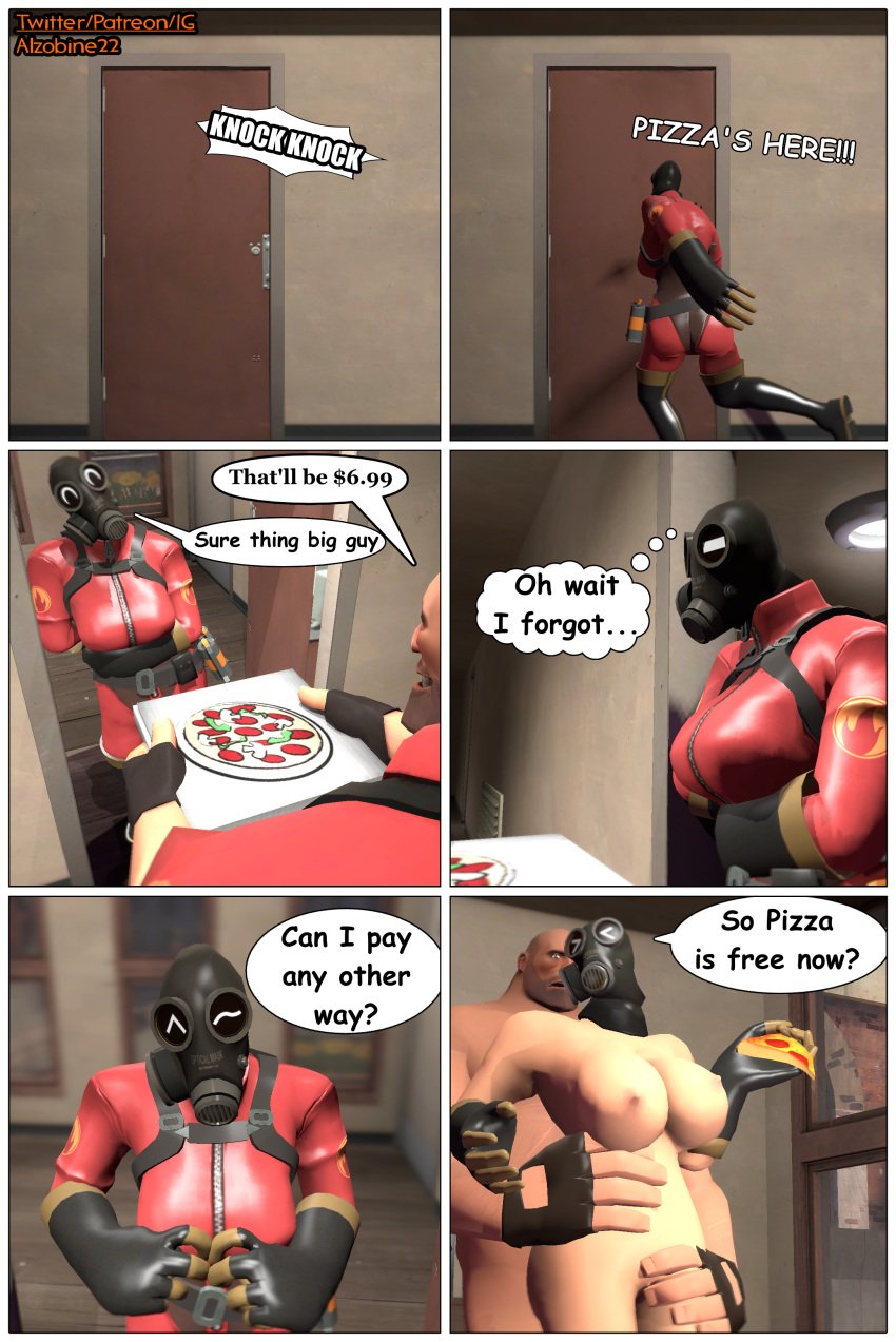 1boy 1girls alzobine22 big_breasts comic dialogue fempyro food garry's_mod heavy_(team_fortress_2) heavy_weapons_guy masked_female pizza pizza_box pizza_delivery pizza_slice speech_bubble straight team_fortress_2