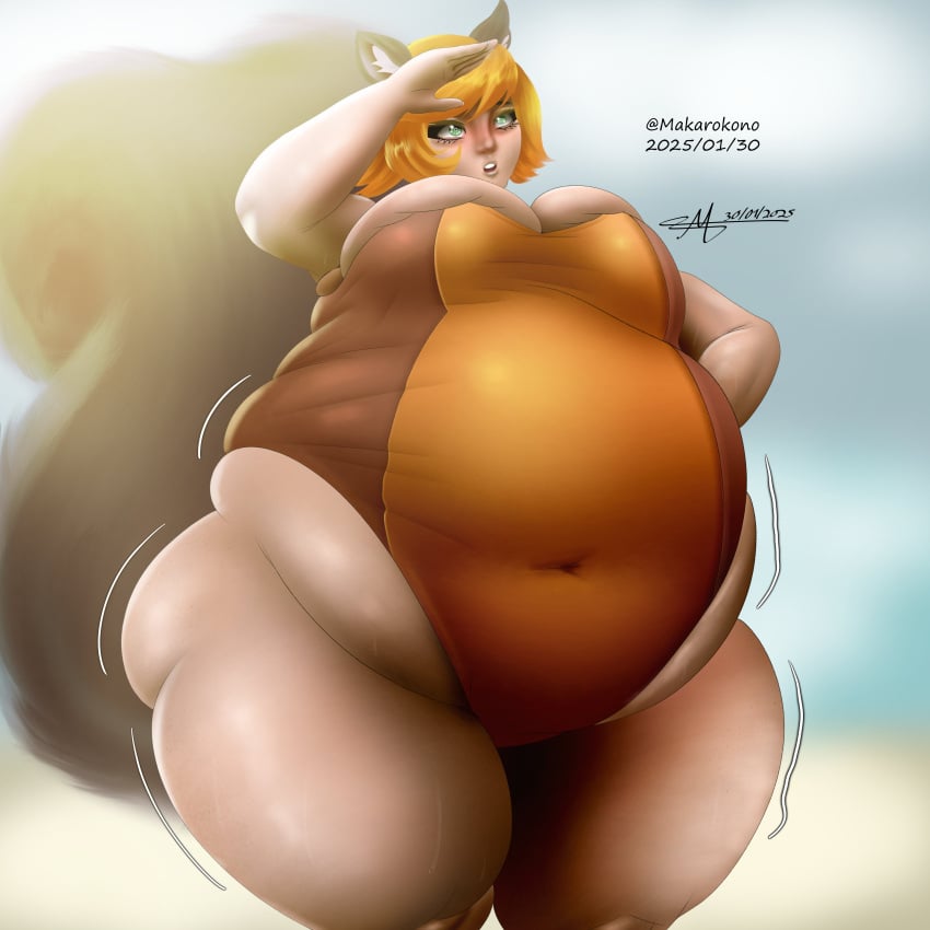 1girls bbw beach bursting_breasts cleavage female female_only forced_weight_gain huge_belly makaro-kono_(artist) marvel overweight overweight_female squirrel_girl_(marvel) standing swimsuit weight_gain wide_hips