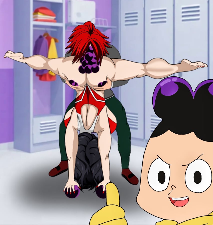 2025 2d barefoot big_ass big_breasts bikini_top bodysuit boku_no_hero_academia eijirou_kirishima face_down_ass_up faceless_futanari feet_up immobile immobilization minoru_mineta momo_yaoyorozu momo_yaoyorozu_(hero_outfit) my_hero_academia naughty_face red_clothing standing third-party_edit upside-down