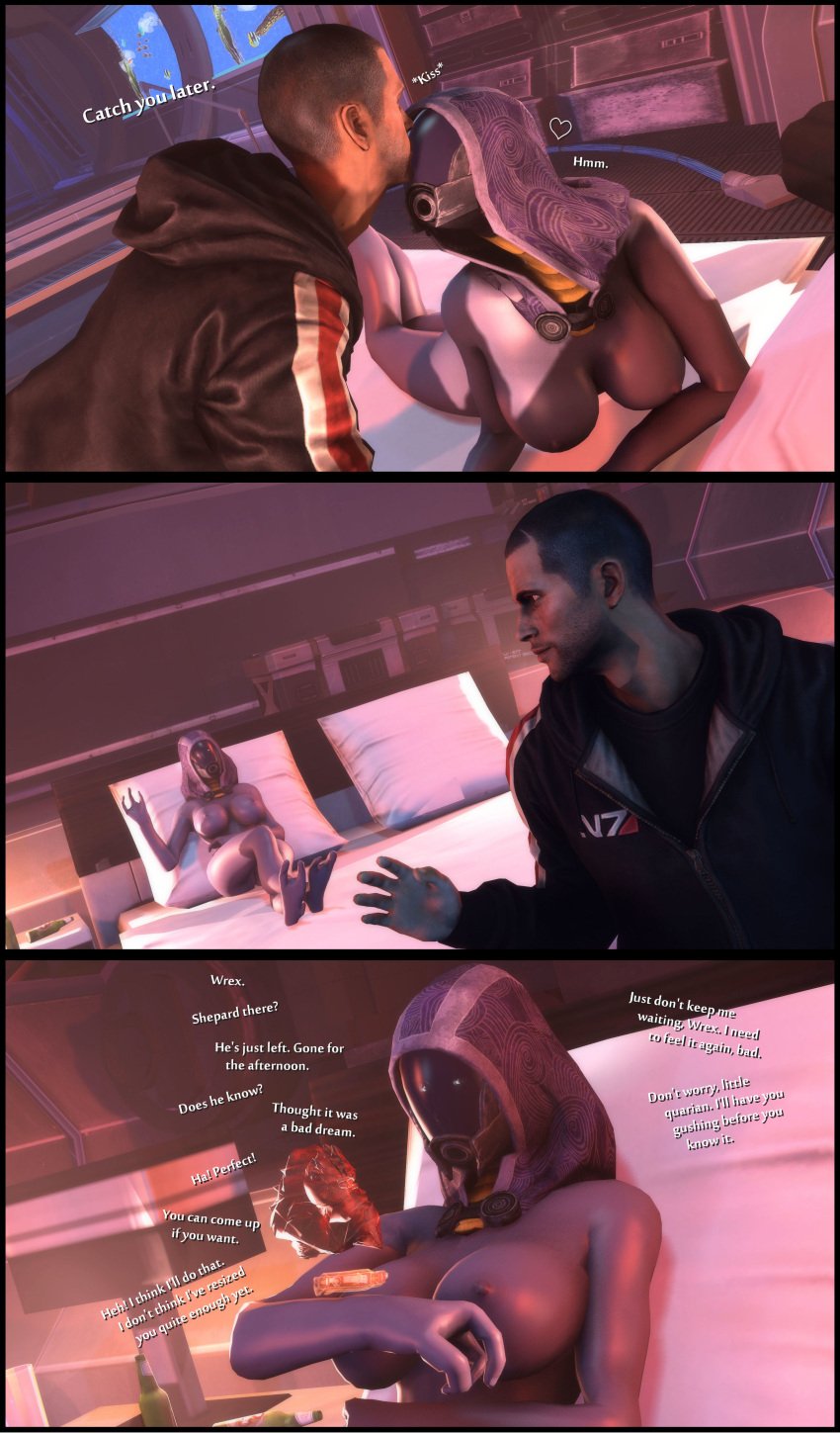 3d absurd_res alien alien_girl ass_visible_through_thighs breasts cheating comic comic_page commander_shepard foab30 horny horny_female hourglass_figure kissing krogan lying_on_bed mass_effect nude_female_clothed_male quarian sex_request sfm tali'zorah_nar_rayya urdnot_wrex wide_hips