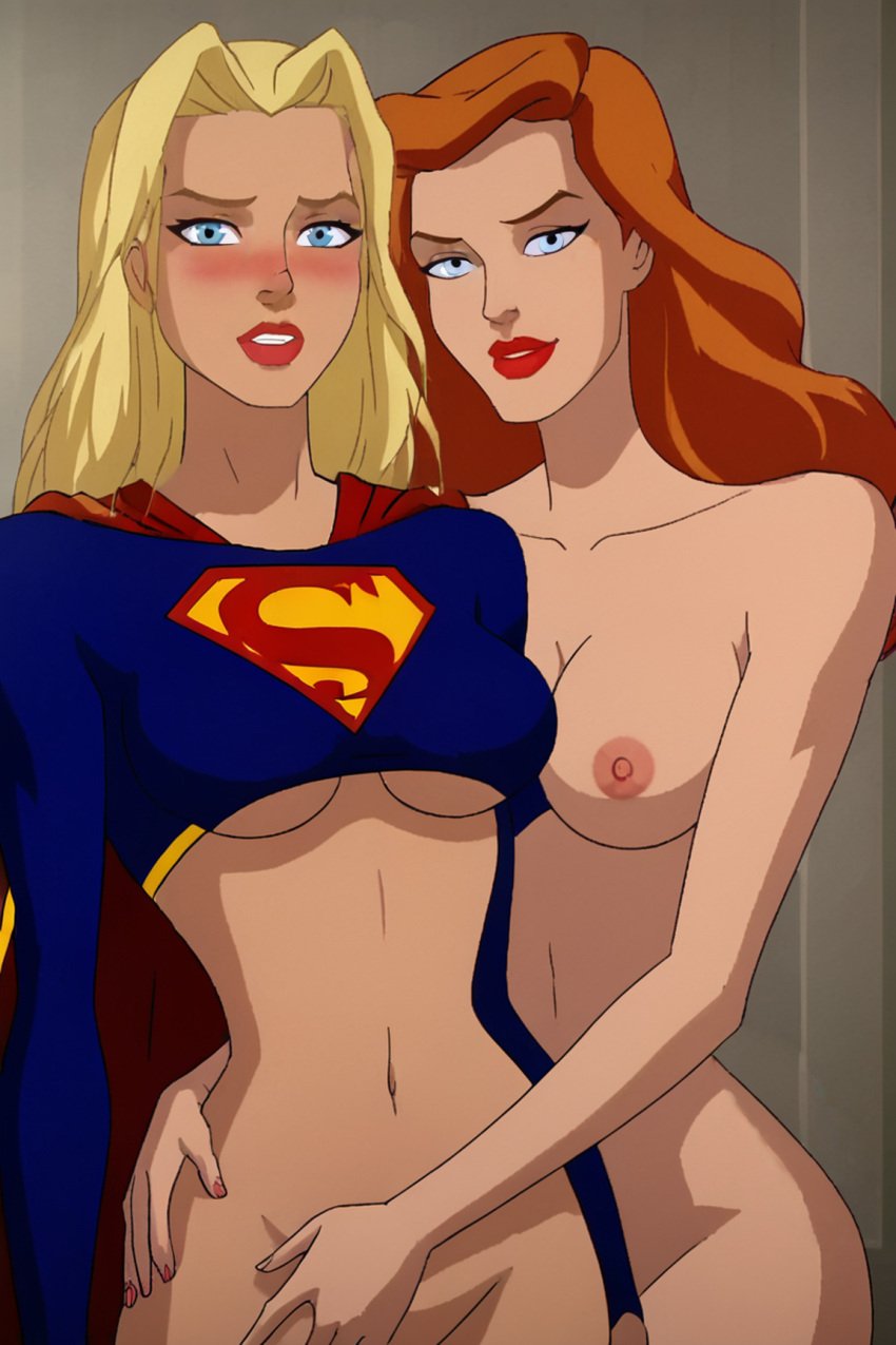 2girls ai_generated andrea_beaumont arms batman:_mask_of_the_phantasm batman_(series) big_breasts blonde_hair blue_eyes blush bottomless bottomless_female breasts crossover dc dc_comics dcuaom fantasyai female female_only hands lips lipstick long_hair looking_at_viewer nipples nude nude_female red_hair smile smiling supergirl superhero superheroine superman/batman:_apocalypse superman_(series) teeth