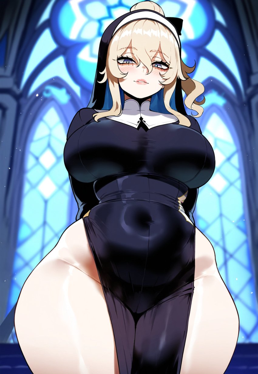 ai_generated arms_behind_back ass ass_focus big_ass big_breasts big_butt big_thighs blonde_hair church clothing curvy curvy_female curvy_figure dijiai female female_only focus from_below from_front_position front_view genshin_impact highleg hourglass_figure indoors jean_gunnhildr looking_at_viewer nun nun_outfit pelvic_curtain round_ass round_butt seductive seductive_look seductive_smile thiccwithaq_(ai_style) thick thick_ass thick_butt thick_legs thick_thighs thighs wide_hips