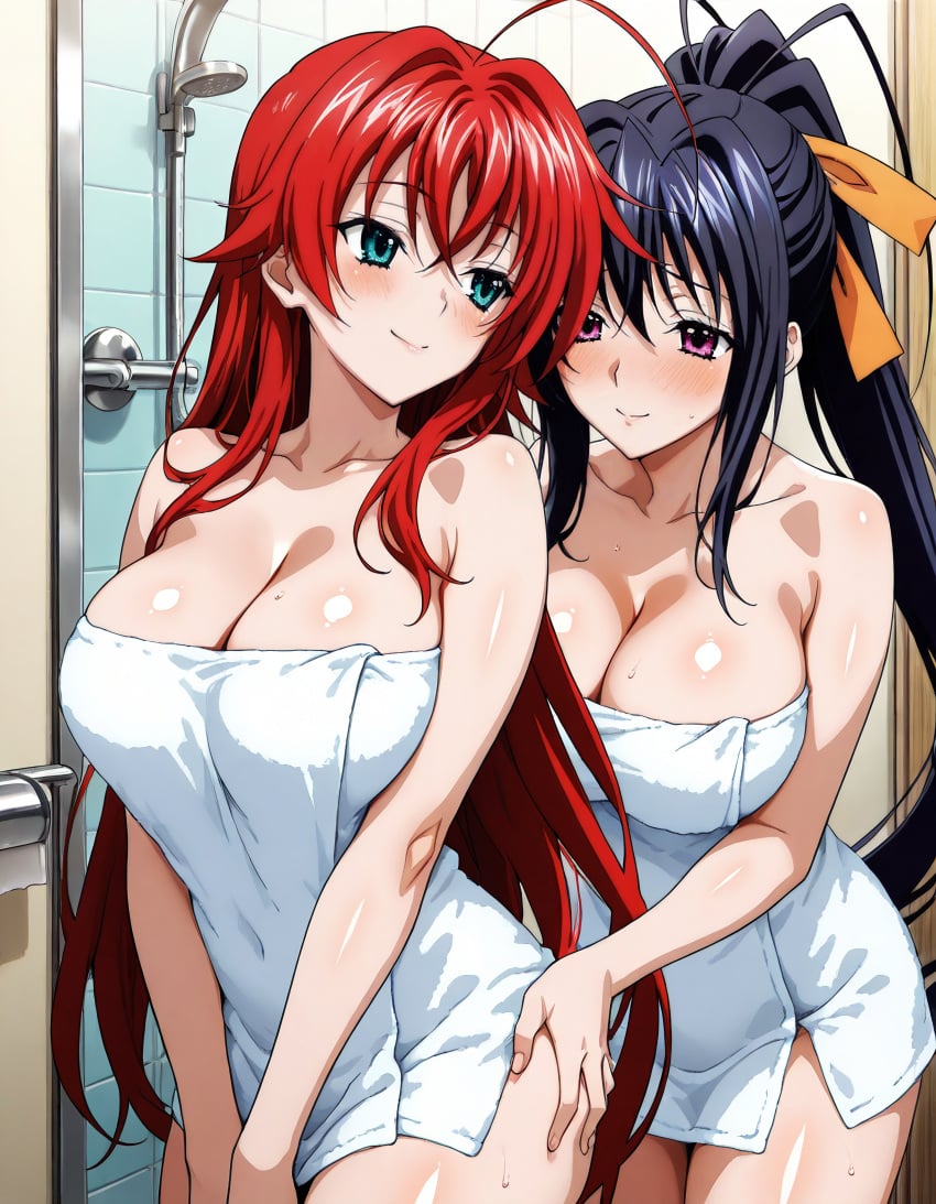 2girls ahoge ai_generated akeno_himejima antenna_hair bathroom big_ass black_hair blue_green_eyes blush couple crimson_hair female_only grabbing_another&#039;s_ass grabbing_ass hair_ribbon high_school_dxd large_breasts lesbian light_skin orange_ribbon ponytail rias_gremory smile towel very_long_hair violet_eyes voluptuous yuri