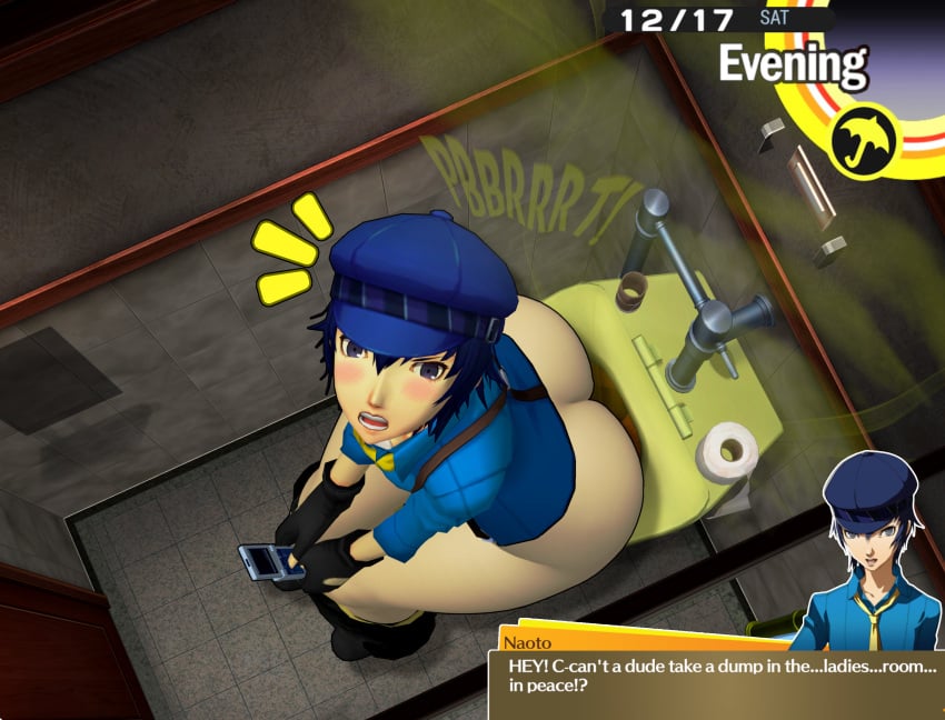 blue_hair caught fart naoto_shirogane persona persona_4 scat science2311 toilet toilet_use voyeur