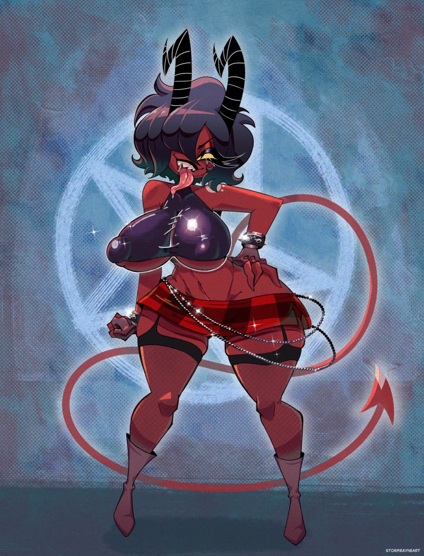 1girls bare_arms bare_legs bare_shoulders bare_thighs big_breasts black_hair blush clothed clothing color demon demon_girl demon_horns demon_tail female female_focus female_only helluva_boss hi_res imp large_breasts looking_at_viewer nipples_visible_through_clothing open_mouth original_character red_body red_skin saliva short_hair solo solo_female stormrayneart tagme thick_thighs tongue_out