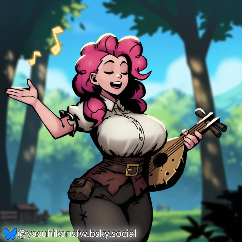 ai_generated bard belt belt_buckle blouse bluesky_logo bluesky_username bursting_breasts closed_eyes corset darkest_dungeon forest forest_background huge_breasts human large_breasts lute musical_instrument musical_note my_little_pony open_mouth pink_hair pinkie_pie_(mlp) singing style_parody yasuhikonsfw