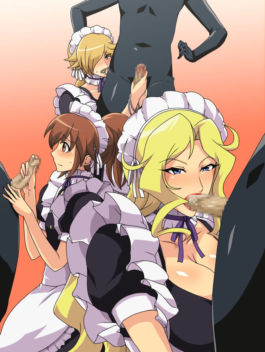 3boys 3girls aizawa_shouko asaka_hinata censored cleavage clothed clothing erection faceless_male facial fellatio female gureko_rouman handjob jewelpet jewelpet_sunshine jill_konia maid maid_headdress maid_outfit maid_uniform male oral penis simple_background teacher