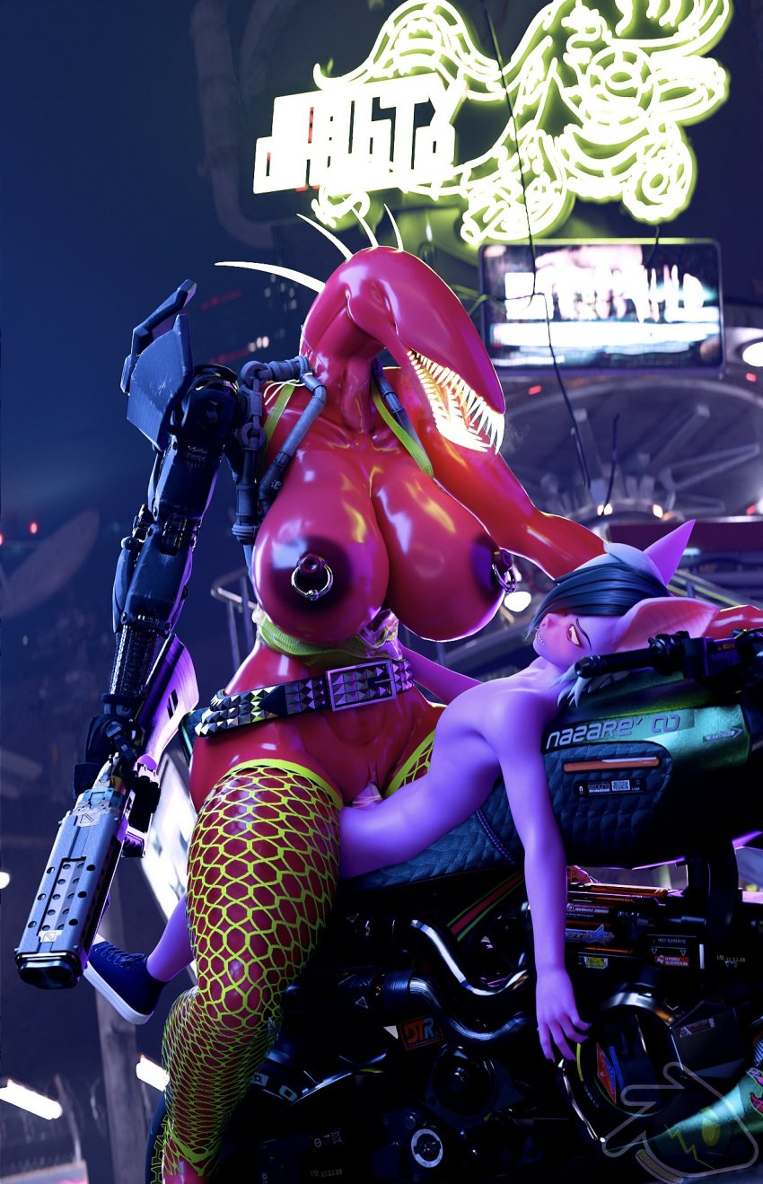 bike cyberpunk cyborg dominant_female female huge_breasts mooseycus nipple_piercing scp-939 shotgun size_difference vladdo wet_pussy