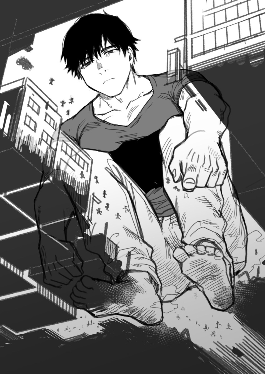 1boy barefoot black_eyes black_hair city emotionless from_below giant giant_male male male_only monochrome muscular_male original solo yukibi_(ykb)