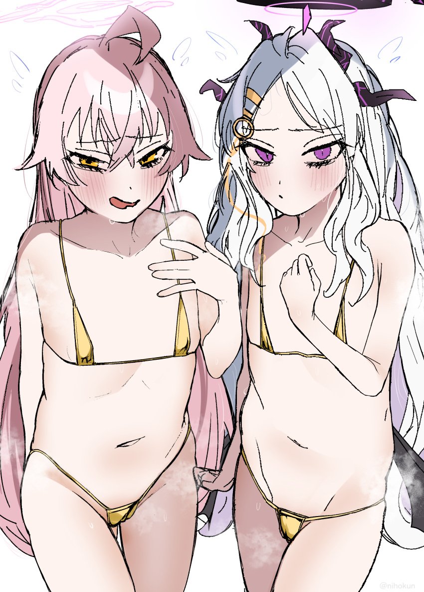 2girls absurdres bikini blue_archive blush breasts closed_mouth demon_girl demon_horns gold_bikini hair_between_eyes hair_ornament hairclip halo hand_on_own_chest highres hina_(blue_archive) horns hoshino_(blue_archive) licking_lips long_hair looking_at_viewer micro_bikini multi_horn multiple_girls niho12261 parted_bangs pink_hair pink_halo purple_eyes simple_background small_breasts smell smile standing steaming_body swimsuit tongue tongue_out very_long_hair white_background white_hair wings yellow_bikini yellow_eyes