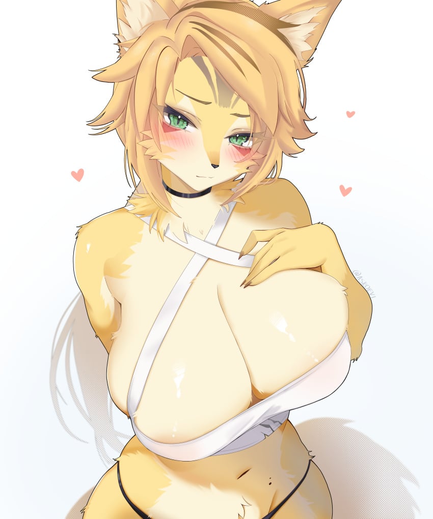 askoevi big_breasts blonde_hair blush blushing_at_viewer cat_ears cat_humanoid choker female female_only furry furry_female green_eyes hands_on_breasts hands_on_own_chest hearts_around_head looking_at_viewer no_sex no_visible_genitalia pulchra_(zenless_zone_zero) thiren underwear yellow_fur zenless_zone_zero