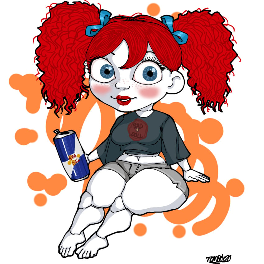 1girls blue_eyes chibi chubby curly_hair doll doll_joints energy_drink eyelashes feet female freckles freckles_on_face lace long_t-shirt looking_at_viewer mob_entertainment poppy_(poppy_playtime) poppy_playtime porcelain_skin red_bull red_hair red_lipstick rosy_cheeks shorts shortstack simple_background simple_shading small_breasts smaller_female thick_thighs tomboy20 twintails underwear white_skin