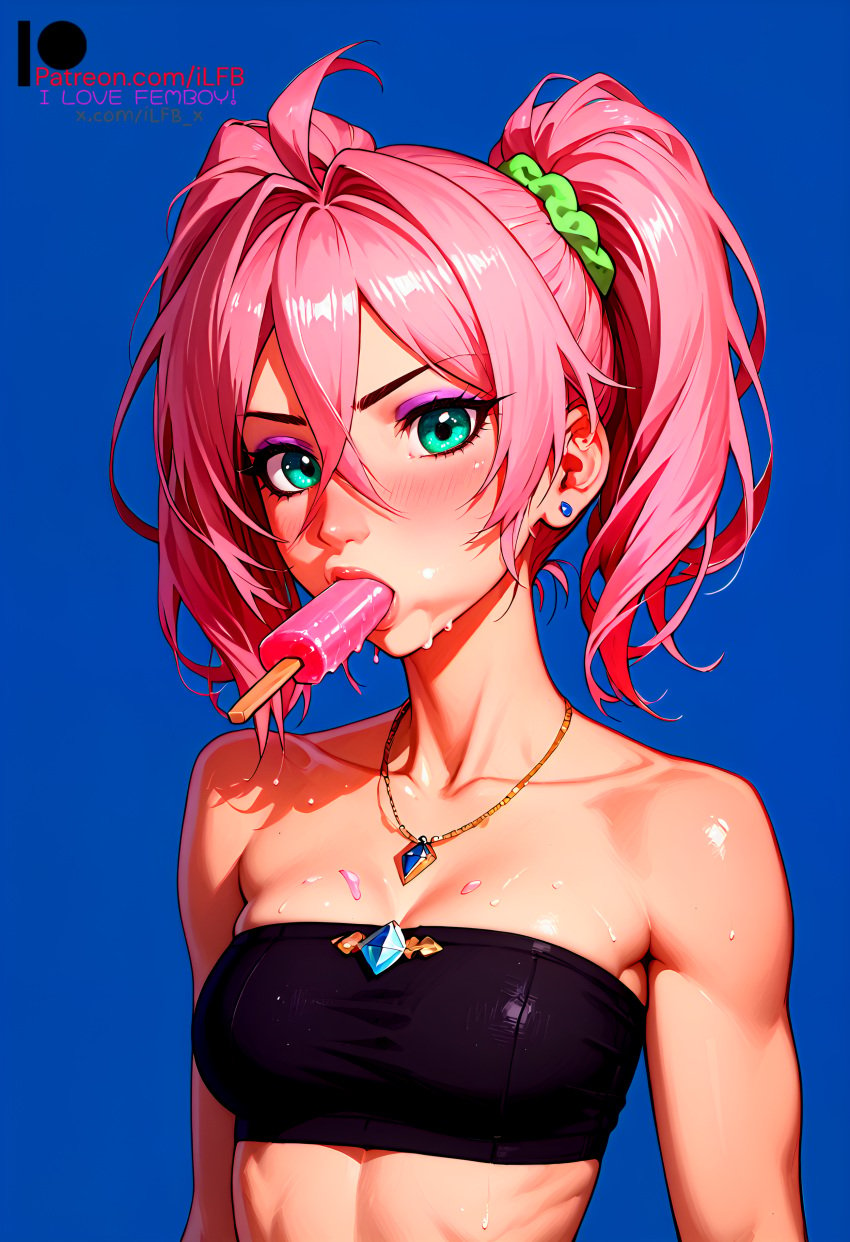 ai_generated blue_eyes blush collar ilfb long_hair pink_hair self_upload shy solo standing sucking