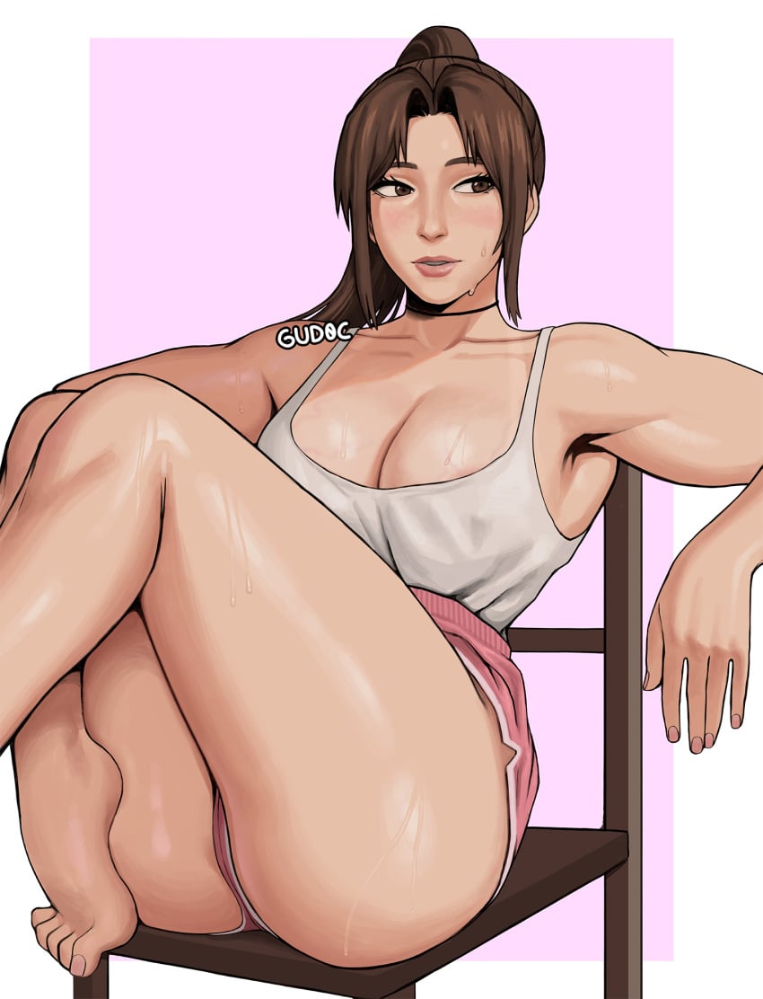 areolae_peeking bare_legs bare_shoulders barefoot big_ass big_breasts blush brown_eyes choker fatal_fury feet gud0c legs_up long_hair mai_shiranui muscular_arms shirt shorts sitting sleeveless_shirt sports_shorts street_fighter street_fighter_6 sweat sweatdrop sweating tagme thick_thighs tied_hair