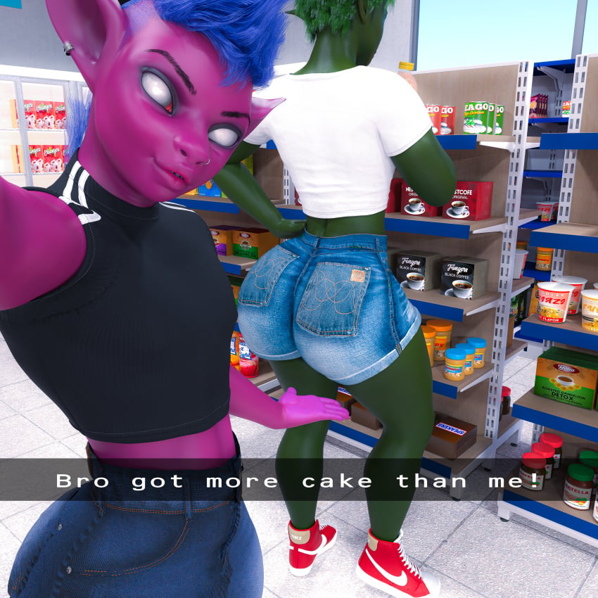 2boys 3d_(artwork) absurd_res ass big_butt black_clothing black_topwear blue_hair bottomwear bustin3d clothing crop_top denim denim_bottomwear denim_clothing denim_shorts digital_media_(artwork) draagen_(bustin3d) duo ear_piercing ear_ring facial_piercing footwear goblin green_body green_hair hair hand_on_hip hi_res huge_filesize humanoid imp ito_(bustin3d) jeans male nike no_pupils nose_piercing nose_ring pants piercing public purple_body rear_view ring_piercing selfie shirt shoes shorts snapchat sneakers store topwear white_clothing white_topwear