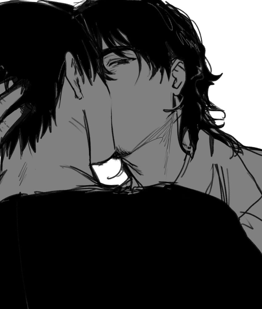 2boys black_hair facial_hair gay hands_around_neck implied_kiss looking_at_viewer male male_only monochrome multiple_boys original simple_background white_background yaoi yukibi_(ykb)