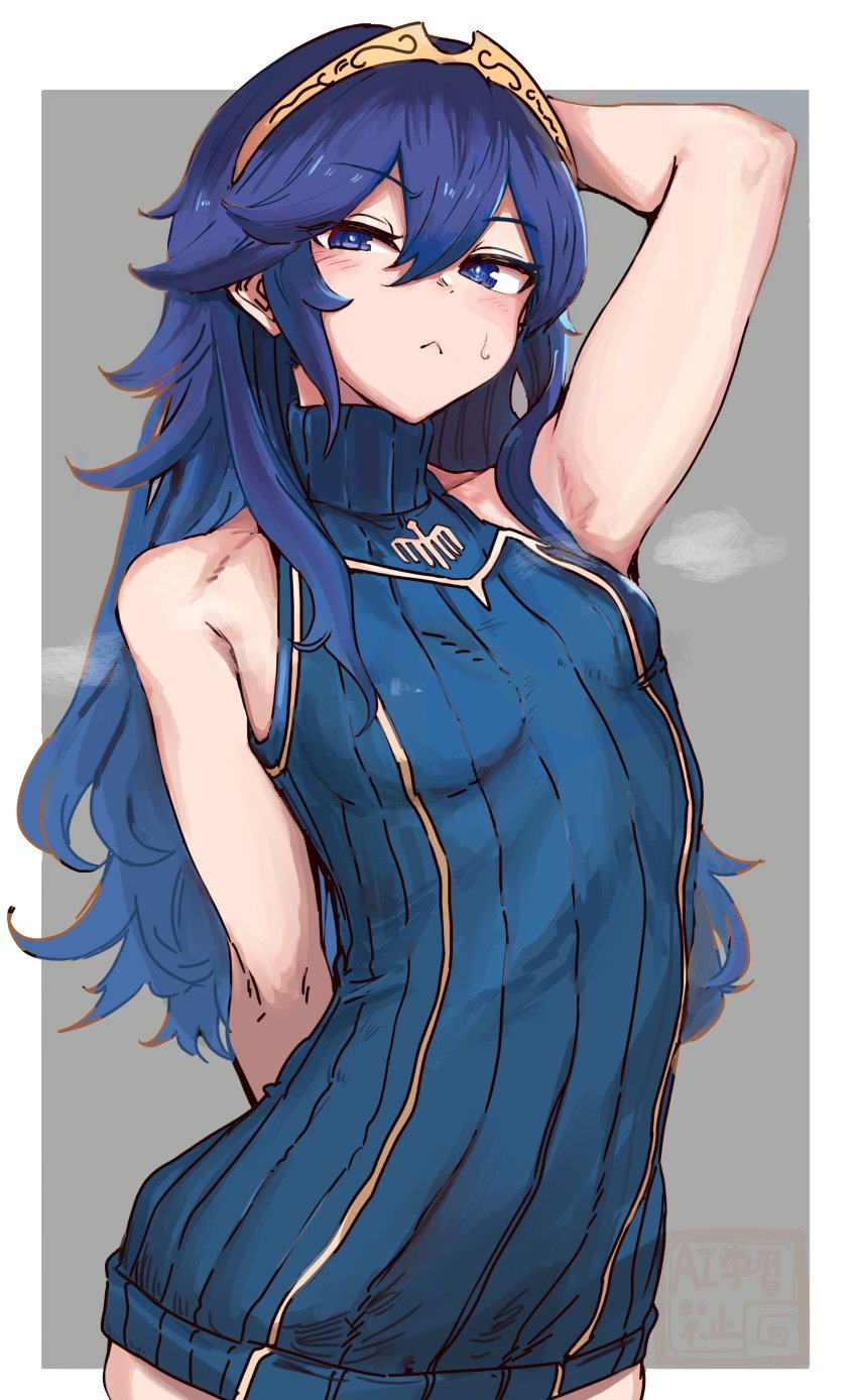 1girls arm_up armpit armpits blush female fire_emblem flat_chest hi_res ishijimajirou looking_at_viewer lucina_(fire_emblem) small_breasts sole_female solo_female steam steaming_body sweatdrop sweater