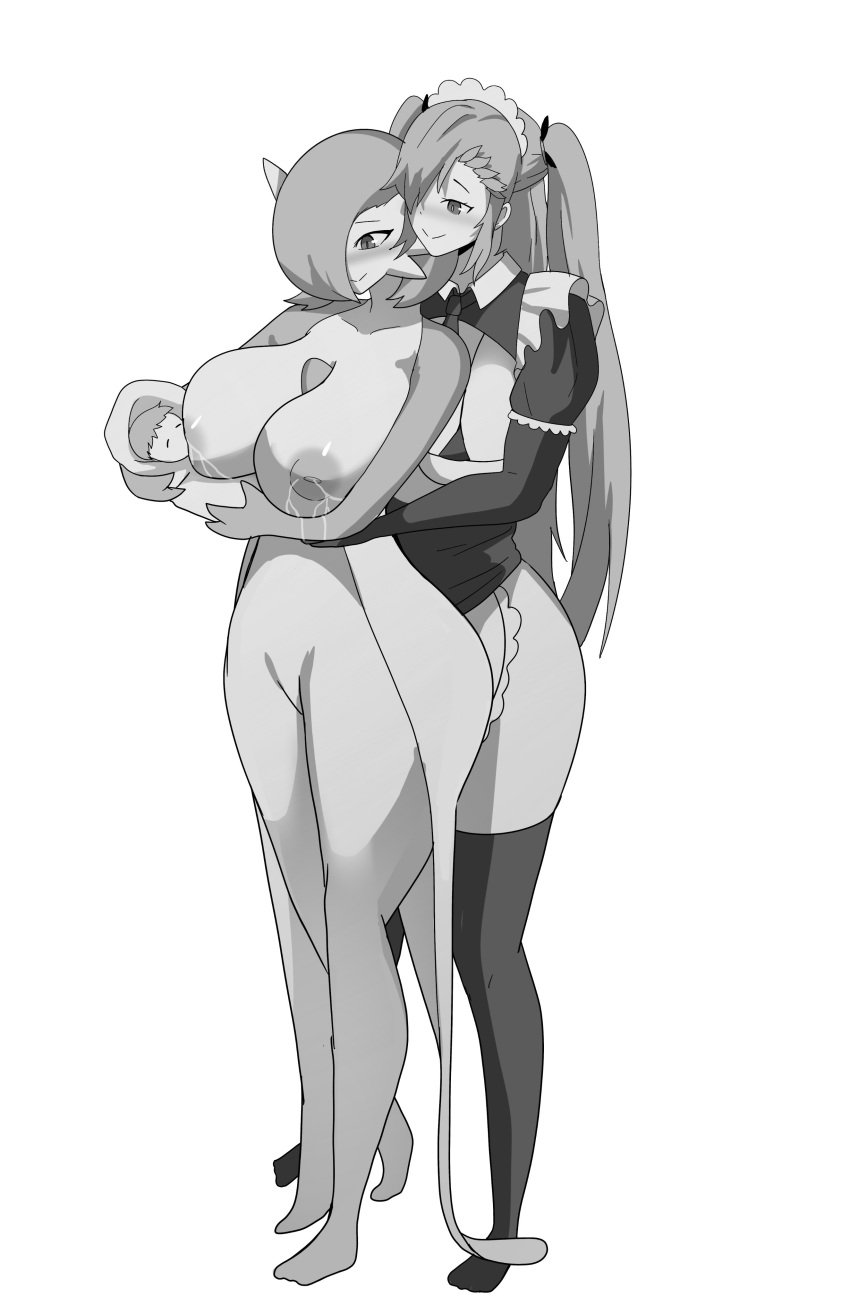 abirdeer absurd_res accessory akeno_(itsnafulol) anthro belly between_breasts big_breasts bikini bikini_top black_and_white blush breast_sucking breastfeeding breasts clothing duo feet female futa_on_female futa_wife futanari gardevoir generation_3_pokemon gynomorph gynomorph/female hair hair_accessory hair_over_eye hair_ribbon happy hi_res human human_on_anthro intersex intersex/female interspecies legwear maid_apron maid_headdress maid_uniform mammal monochrome nintendo pokemon pokemon_(species) pokephilia ribbons swimwear thick_thighs thigh_highs twintails_(hairstyle) two-piece_swimsuit uniform wide_hips