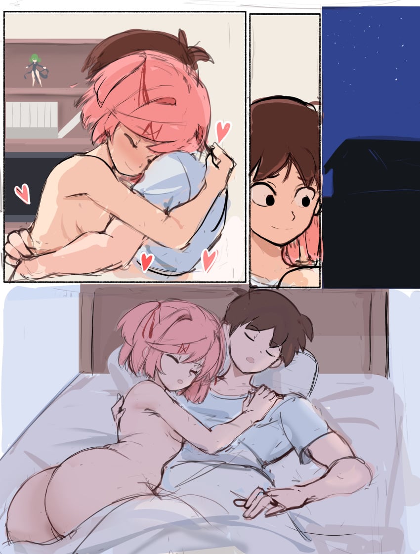 1boy 1girls big_ass blush comic comic_page cuddling dat_ass dialogue doki_doki_literature_club english_text female heart heart_symbol human male mc_(doki_doki_literature_club!) natsuki_(doki_doki_literature_club) night pantless pink_eyes pink_hair rakeemspoon shirt shirtless sleeping small_breasts text wholesome