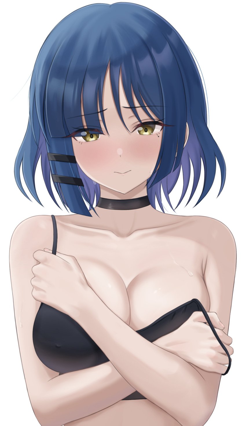 absurdres black_bra black_choker blue_hair bocchi_the_rock! bra breasts choker closed_mouth collarbone covering_breasts covering_privates female hair_ornament hairclip highres large_breasts looking_at_viewer makise_(mix020511) mole mole_under_eye short_hair simple_background solo strap_slip underwear upper_body white_background yamada_ryou yellow_eyes