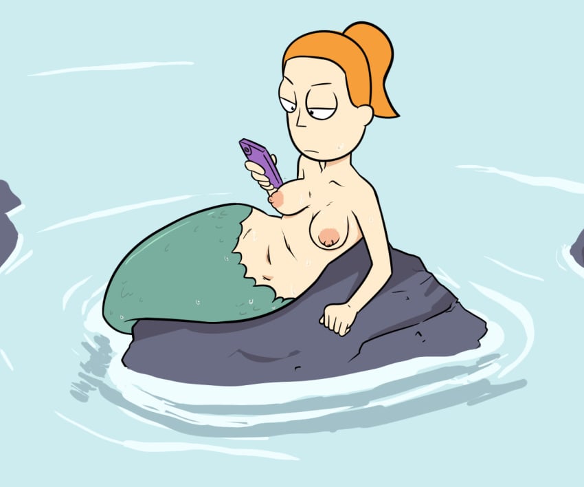 adult_swim breasts cartoon_network cellphone electronics female hair humanoid manwithnobats marine merfolk mouth_closed nipples orange_hair phone rick_and_morty rock solo split_form summer_smith water