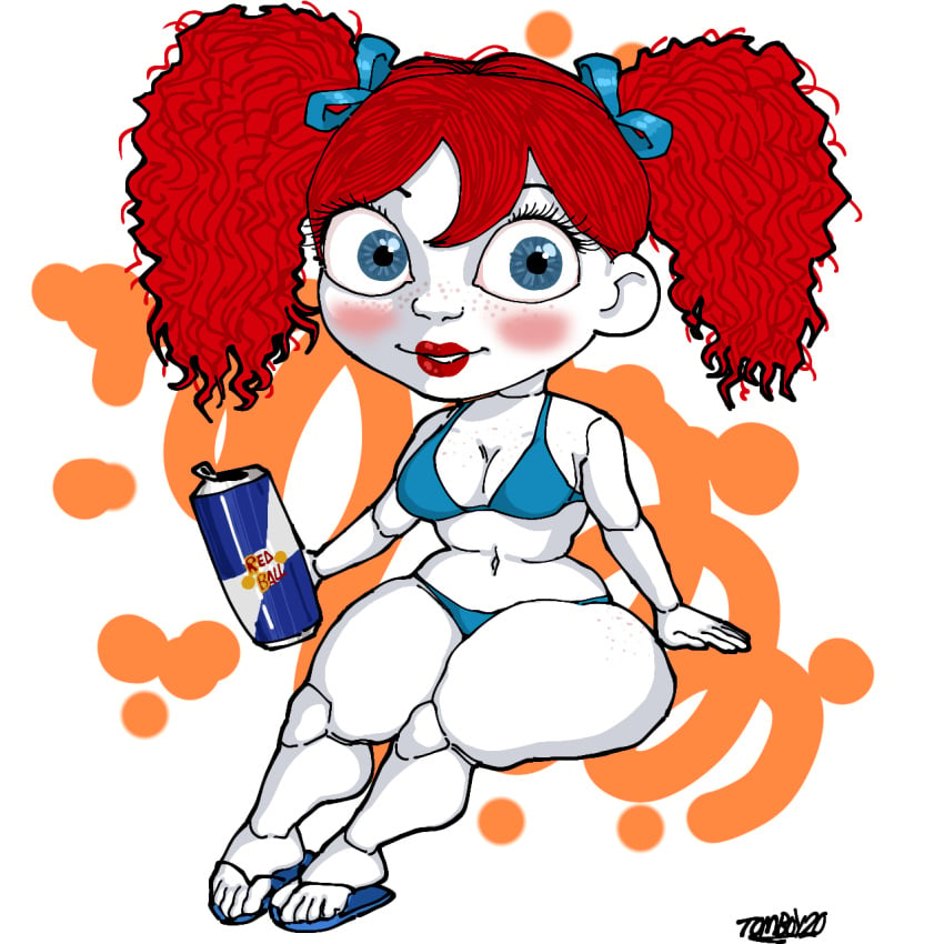 1girls bikini blue_eyes chibi chubby curly_hair doll doll_joints energy_drink eyelashes feet female flip_flops freckles freckles_on_face lace looking_at_viewer mob_entertainment pale_skin poppy_(poppy_playtime) poppy_playtime red_bull red_hair red_lipstick rosy_cheeks sandals shortstack simple_background simple_shading small_breasts smaller_female thick_thighs tomboy20 twintails white_skin