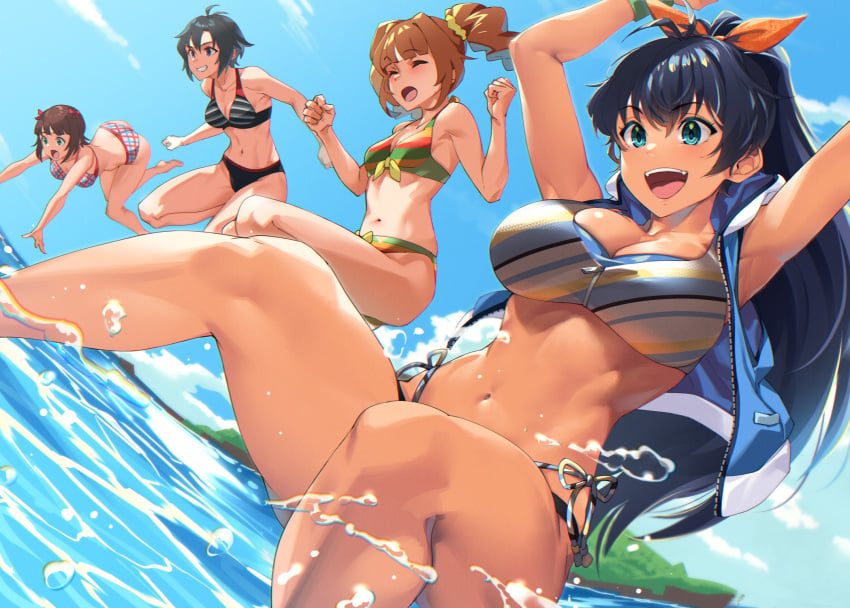 4girls :d amami_haruka antenna_hair arms_up ass bare_shoulders barefoot bikini black_bikini black_hair blue_eyes blue_sky blunt_bangs blush breasts brown_hair cleavage clenched_hands closed_eyes cloud collarbone day full_body ganaha_hibiki green_eyes groin hair_between_eyes hair_ribbon hi_res highleg highleg_bikini idolmaster idolmaster_(classic) jumping kikuchi_makoto large_breasts long_hair medium_breasts midriff mikel_bk multiple_girls navel ocean oerba_yun_fang open_mouth outdoors plaid_bikini plaid_clothes ponytail ribbon short_hair sky sleeveless sleeveless_jacket small_breasts smile striped_bikini striped_clothes swimsuit takatsuki_yayoi tan teeth twintails upper_teeth_only wristband