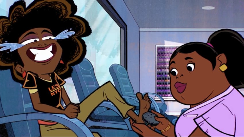 2girls adria_lafayette afro barefoot crying dark-skinned_female dark_skin feet female_focus foot_fetish foot_focus laughing marvel marvel_comics milf moon_girl_and_devil_dinosaur official_art pedicure screenshot soles tickling tickling_feet ticklish ticklish_feet toes trying_not_to_laugh