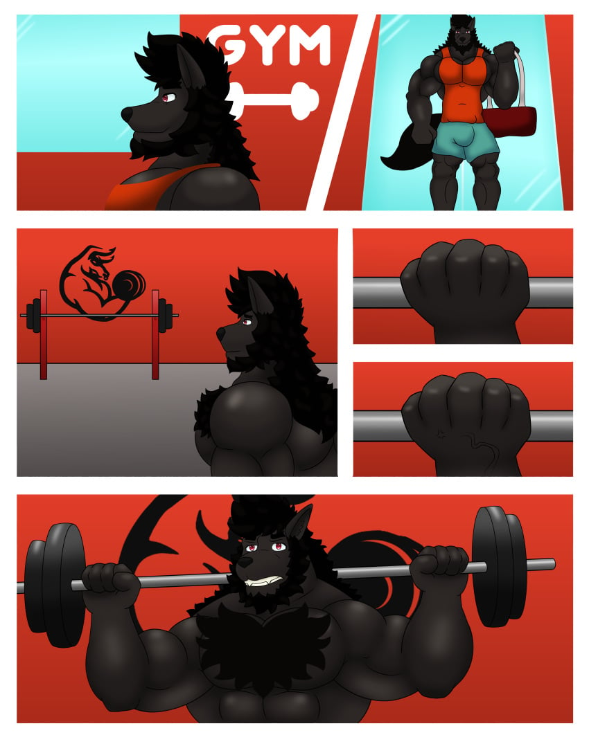 absurd_res anthro black blue_bottomwear blue_clothing blue_shorts body_hair bottomwear canid canine canis chest_hair clothing daddyicewolf hi_res lifting male mammal muscular muscular_anthro muscular_male red_clothing red_eyes red_shirt red_topwear shirt shorts topwear wolf