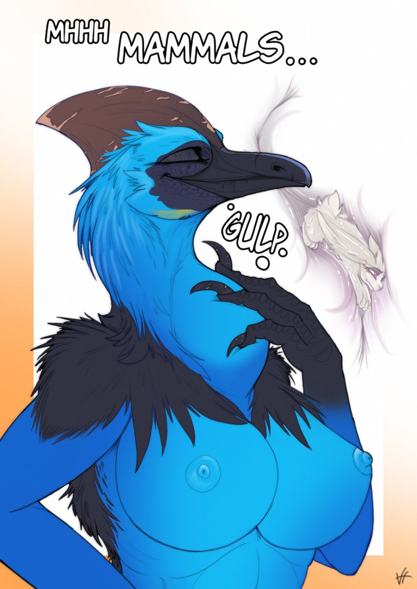 anthro avian bird cassowary duo female hi_res lagomorph leporid male male/female mammal mature_female oral_vore rabbit ratite swallowing viciousfeathers vore willing_prey