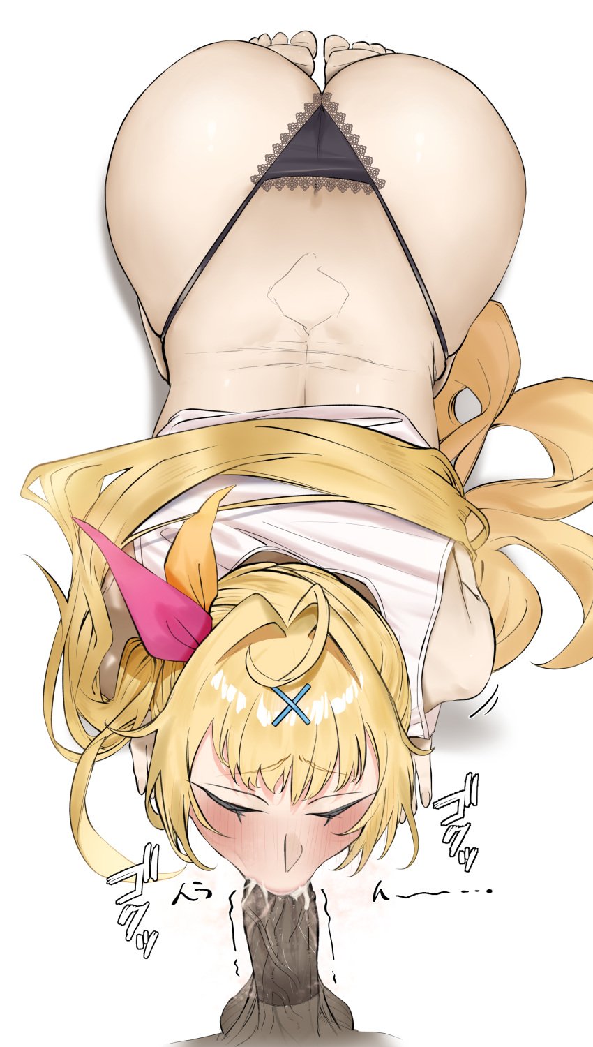 :>= absurdres blonde_hair cardigan fellatio female hair_ornament hair_ribbon highres hoshikawa_sara kneeling niho12261 nijisanji oral pink_cardigan ribbon side_ponytail stray_pubic_hair tank_top virtual_youtuber white_tank_top x_hair_ornament