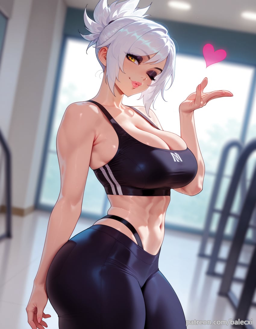 ai_generated balecxi blowing_kiss cleavage female gym heart large_breasts league_of_legends looking_at_viewer navel one_eye_closed patreon_username riven solo sports_bra thick_thighs white_hair yellow_eyes yoga_pants