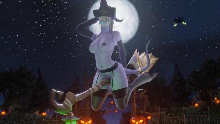 1girls 3d big_ass big_breasts blizzard_entertainment blue_skin draenei female female_only halloween morilymory nude pinup solo stockings thick_thighs voluptuous voluptuous_female warcraft white_hair wide_hips witch_hat world_of_warcraft yrel