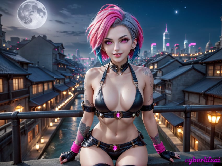 3d 3d_(artwork) ai ai_generated bikini bikini_bottom bikini_top blue_hair breasts bridge chest city colorful_hair cyberlifeai female game_character gray_hair jinx landscape large_breasts league_of_legends looking_at_viewer love neon_lights night pink_eyes pink_hair purple_eyes seductive seductive_body seductive_female seductive_look sexy sky smile stream teen teen_girl water