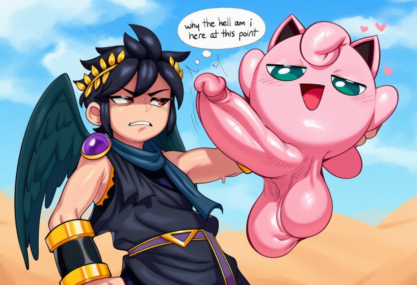 absurd_res ai_generated angel_humanoid angry annoyed balls big_balls big_penis black_hair blush clothed clothing cloud dark_pit dialogue duo english_text erection feral frown genitals green_eyes hair half-closed_eyes hellsonger hi_res huge_cock human humanoid humanoid_genitalia humanoid_penis interspecies jewelry jigglypuff male mammal narrowed_eyes nintendo open_mouth outside penis pink_balls pink_body pink_hair pink_skin pink_wings pokemon pokemon_(species) red_eyes sky speech_bubble super_smash_bros. text thought_bubble vein winged_humanoid wings