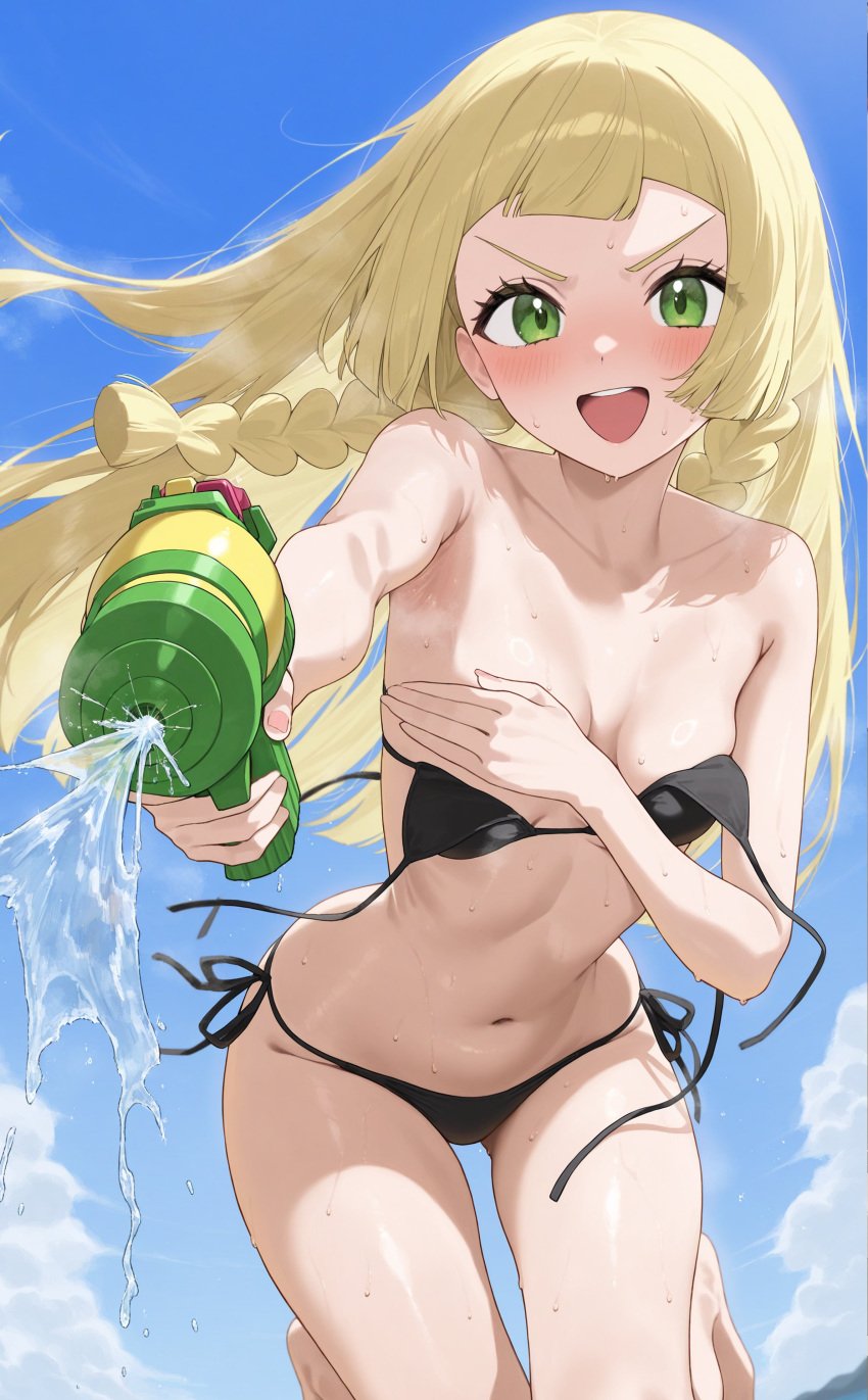 1girls ai_assisted ai_generated angry bathing_suit beach bikini blonde_eyebrows blonde_hair bra braided_hair em embarrassed green_eyes holding_breast lillie_(pokemon) pokemon solo_female suprised water water_gun wet