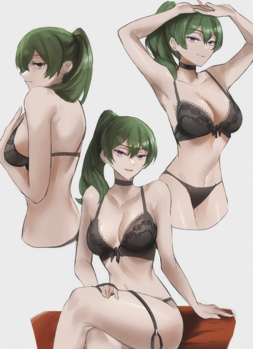 :d armpits arms_up bare_back bare_shoulders black_bra black_choker black_panties bra breasts choker cropped_torso crossed_legs female green_hair grey_background long_hair looking_at_viewer multiple_views navel open_mouth panties ponytail purple_eyes simple_background sitting smile sousou_no_frieren stomach thigh_strap thighs tommietomm tommy_(kingdukeee) ubel_(sousou_no_frieren) underwear underwear_only