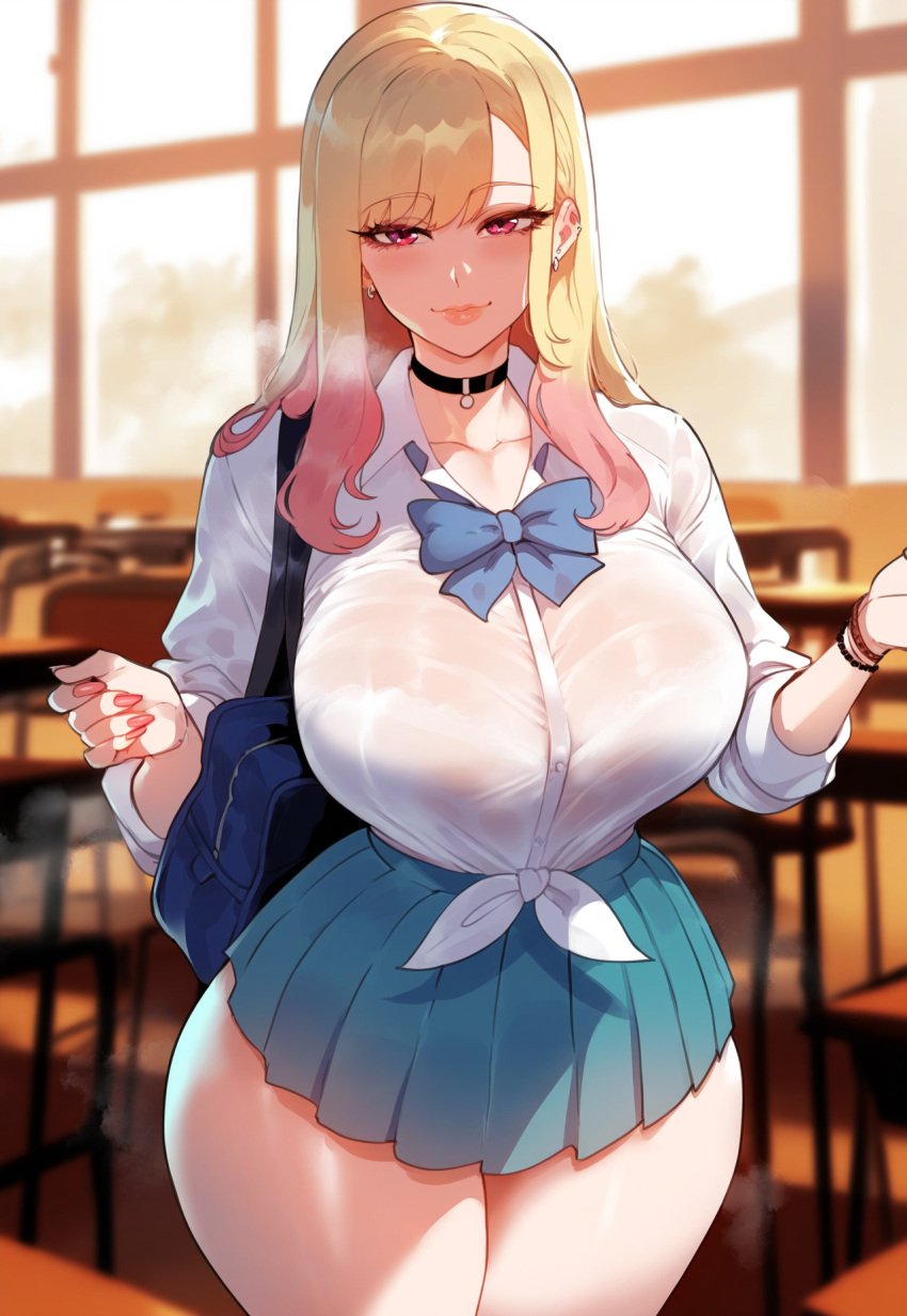 1girls ai_generated bag bangs black_choker blonde_hair blue_skirt blurry blurry_background blush bow bowtie bra bra_visible_through_clothes bracelet breasts button_gap choker classroom cleavage closed_mouth clothing collared_shirt colored_tips cowboy_shot curvaceous curvaceous_female curvaceous_figure curvy curvy_figure desk dress_shirt ear_piercing earrings female female female_focus female_only gradient_hair gyaru holding huge_breasts indoors inviting inviting_to_sex jewelry kitagawa_marin kogal large_breasts lips long_hair long_sleeves looking_at_viewer miniskirt miyuai multicolored_hair nail_polish neckwear piercing pink_eyes pink_hair pink_nails pleated_skirt presenting presenting_breasts presenting_self red_eyes school school_bag school_uniform schoolgirl seductive seductive_look seductive_smile see-through see-through_shirt shirt shirt_tucked_in skirt sleeves_rolled_up smile solo sono_bisque_doll_wa_koi_wo_suru standing thick_thighs thighs tied_shirt underwear uniform voluptuous voluptuous_female wet white_shirt wrist_scrunchie