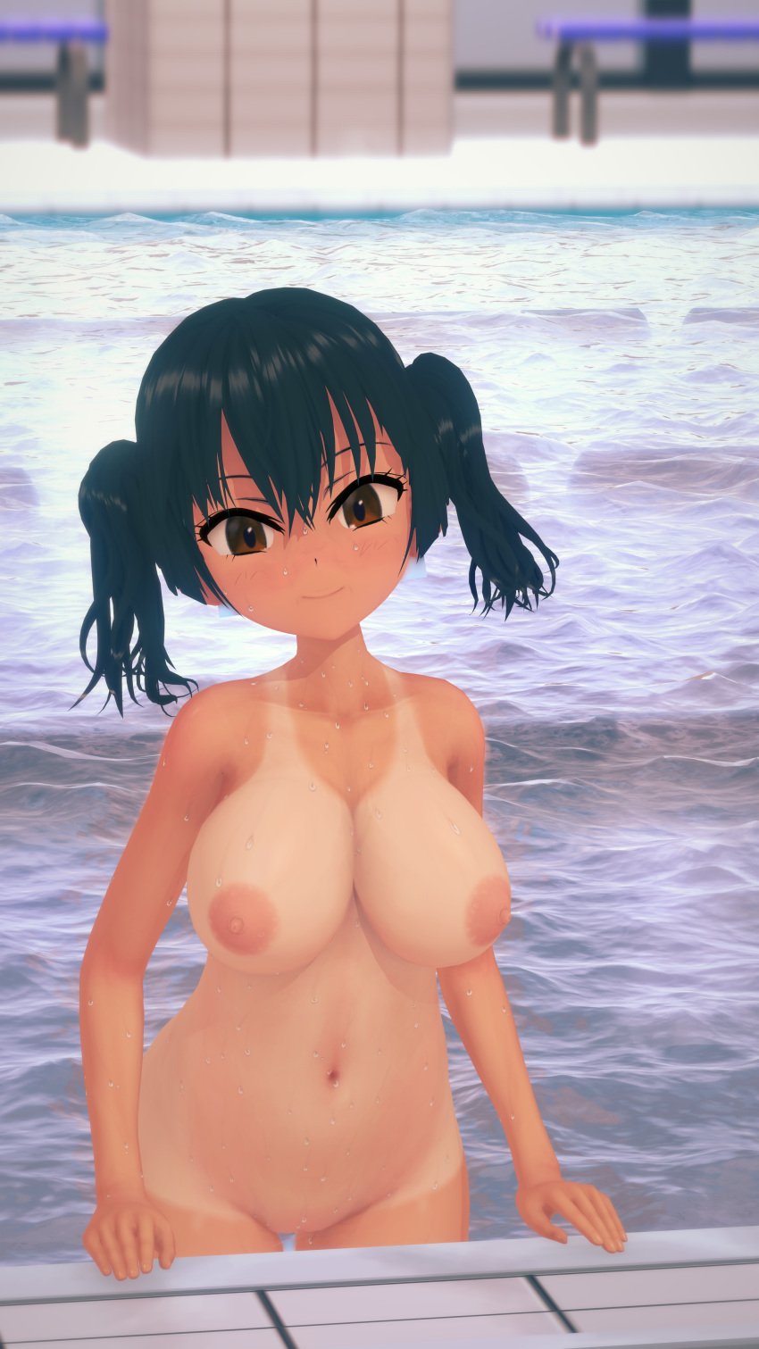 1girls 3d big_breasts black_hair breasts brown_eyes busty child_bearing_hips female female_only gaki_kyonyuu hi_res kanna_sasaki_(kaedeko) large_breasts legs looking_at_viewer medium_hair navel nipples nude original original_character pool pose posing pussy sensual smile tan tanline tanlines thighs twintails voluptuous water wet