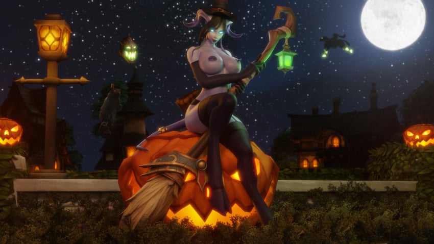 1girls 3d big_breasts black_hair blizzard_entertainment blue_skin draenei female female_only halloween horns jack-o'-lantern morilymory nude original_character pinup sironis solo stockings tail thick_thighs voluptuous voluptuous_female warcraft wide_hips witch_hat world_of_warcraft