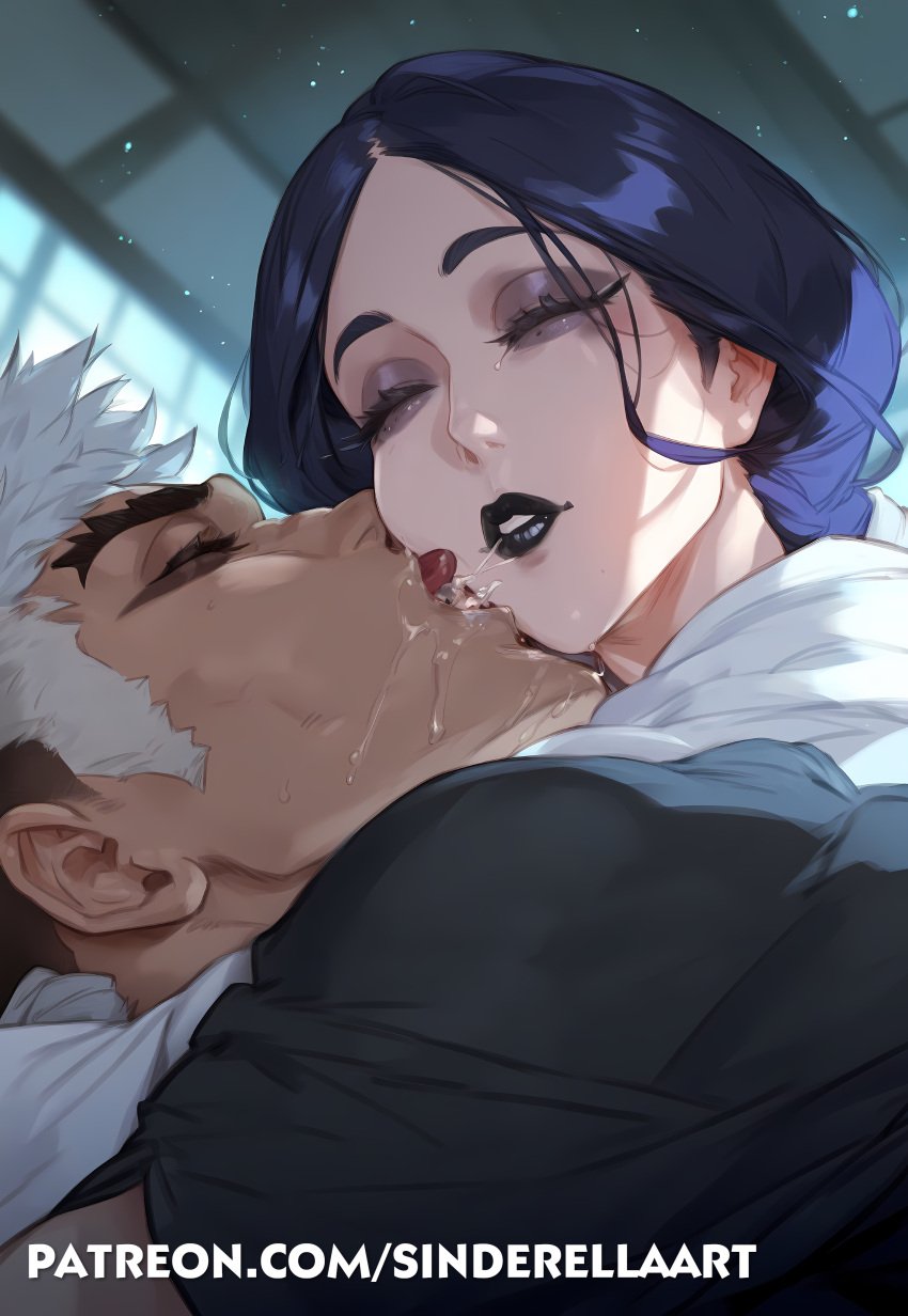 1boy1girl ai_generated black_lips black_lipstick bleach bleach:_the_thousand-year_blood_war commission female kissing lipstick make_up makeup making_love making_out patreon_url sinderellaart unohana_retsu voluptuous voluptuous_female