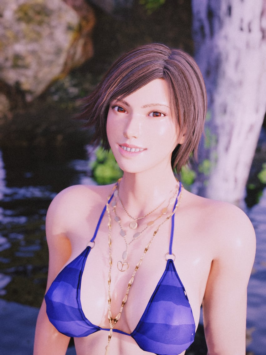 3d alluring big_breasts bikini brown_eyes brown_hair clothing female forsavide kazama_asuka namco short_hair smile tekken tekken_8