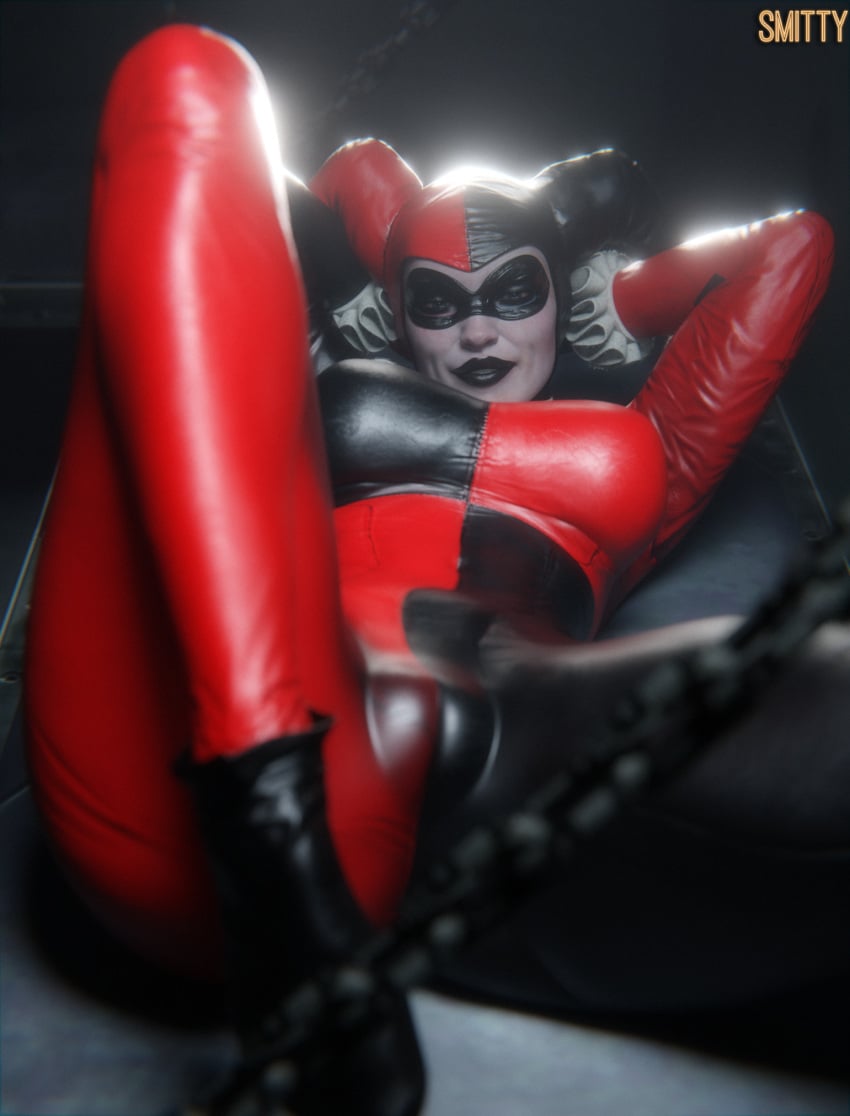 3d batman:_arkham_knight batman_(series) big_ass big_breasts blender cameltoe dc dc_comics fat_pussy harley_quinn harley_quinn_(classic) injustice_2 large_ass large_breasts laying_down laying_on_back looking_at_viewer smiling smiling_at_viewer smitty34 thick_thighs wide_hips